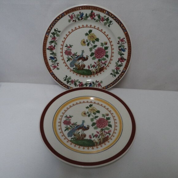 Mayer China Vintage Peacock Bird ceramic Set 2 floral Dinner Snack Salad 9" - Picture 2 of 14